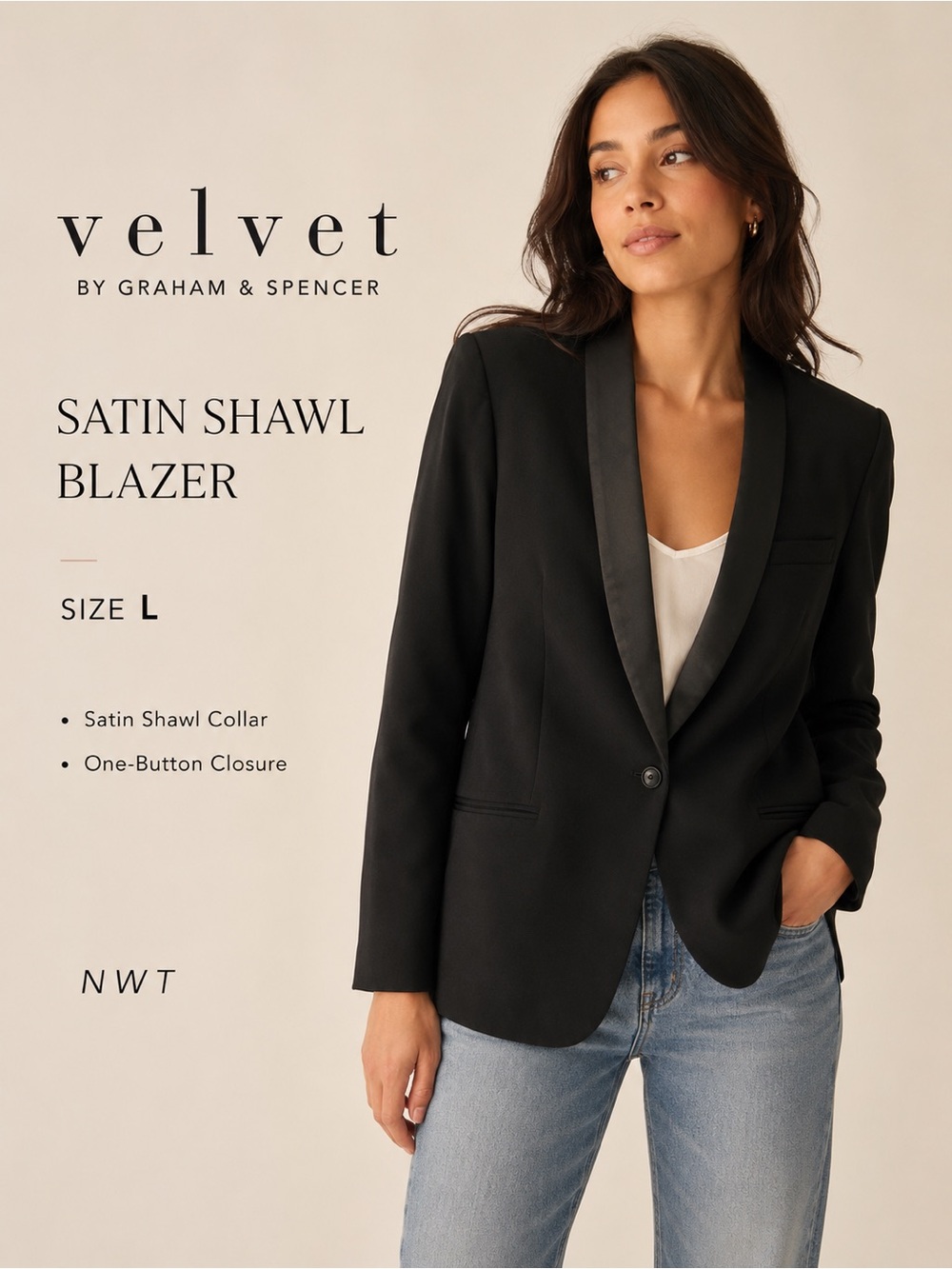 Velvet by Graham & Spencer Black Ponte Knit Satin Shawl Blazer L